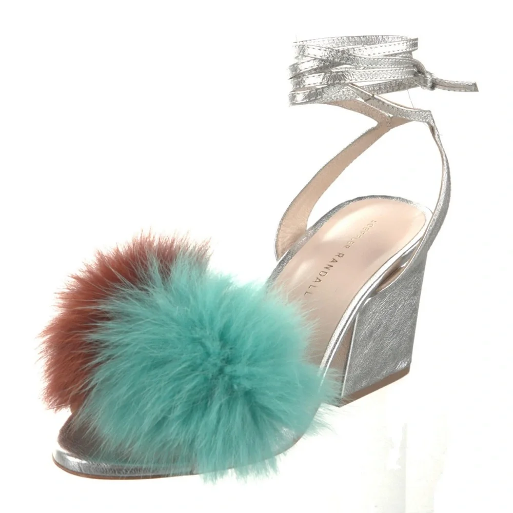 $495 NEW Loeffler Randall Nicky fur pom pom fur silver leather chunky heel 7 7.5 - Picture 5 of 10